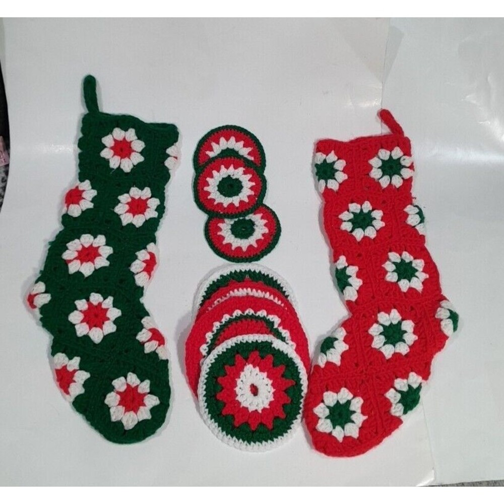 Handmade Christmas Crochet Stockings and Coasters, Vintage